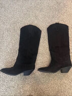 H&M Black Suede Mid-Calf Western Heeled Boots